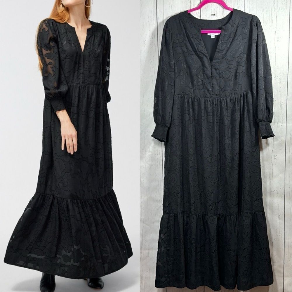 Chicos Black Floral Jacquard Maxi Dress Elegant Romantic Whimsigoth Romantic